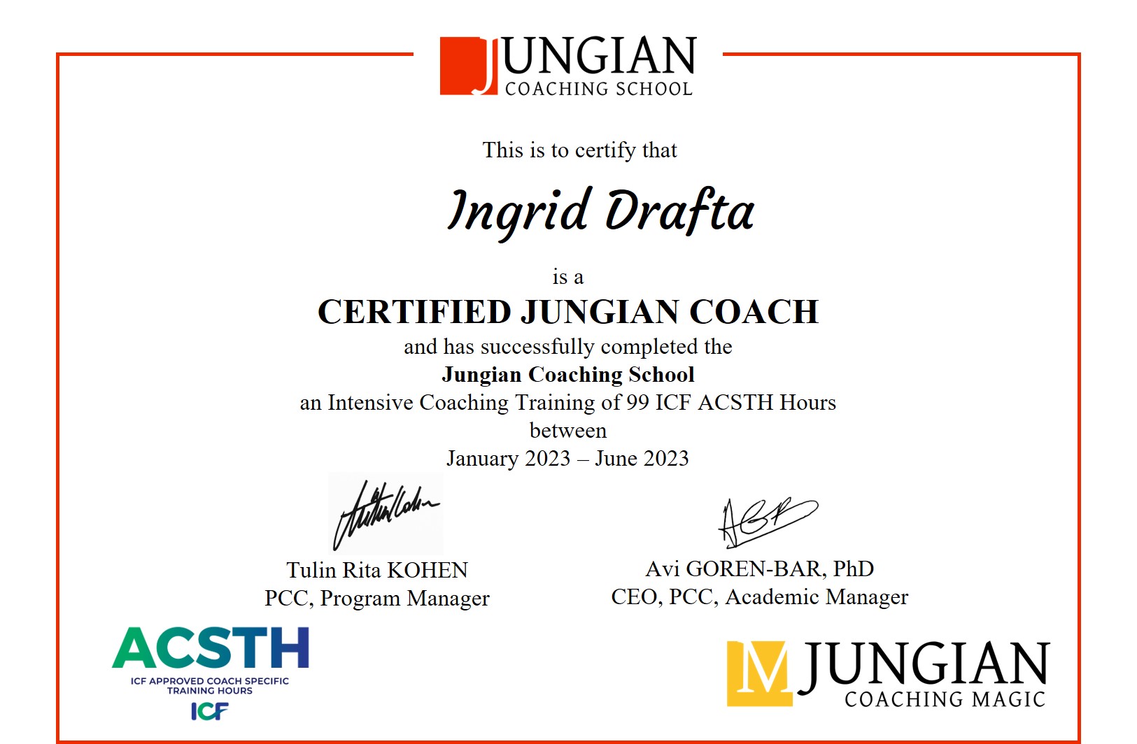 Certificate Jungian Coach Ingrid Drafta